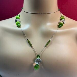 Sterling Silver necklace with green and clear beads 38 inches long